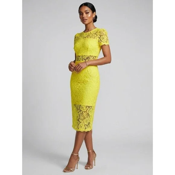Nordstrom Yellow Floral Lace Midi Dress Short Sleeve Occasion Size XSmall - Picture 1 of 13